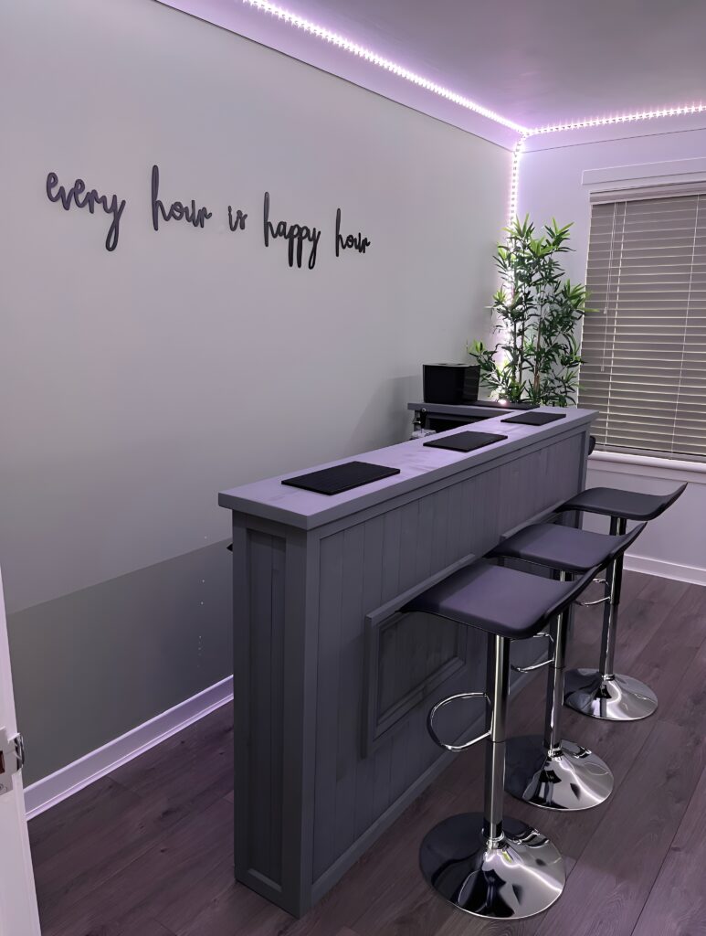 Luxe Grey L-shape Martini home bar in corner with configurable return and fridge compartment