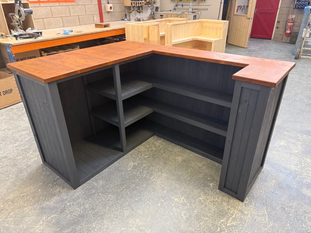 large home bar grey with satin oak top, built in fridge compartment