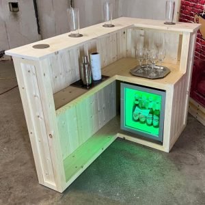 Martini L-shape home bar 140x80 customisable timber finish UK handcrafted with built in fridge compartment