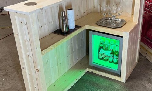Martini L-shape home bar 140x80 customisable timber finish UK handcrafted with built in fridge compartment