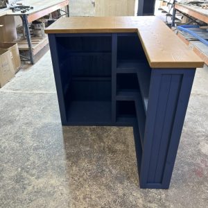 Satin Navy L-shape corner home bar with shelving and spacious fridge compartment