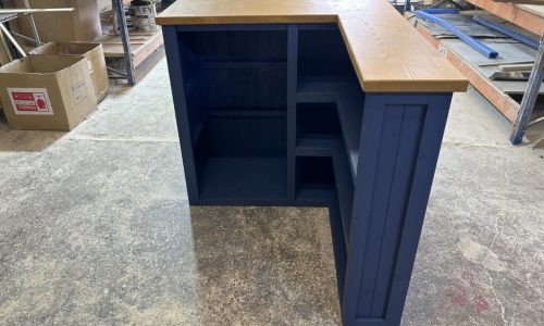 Satin Navy L-shape corner home bar with shelving and spacious fridge compartment