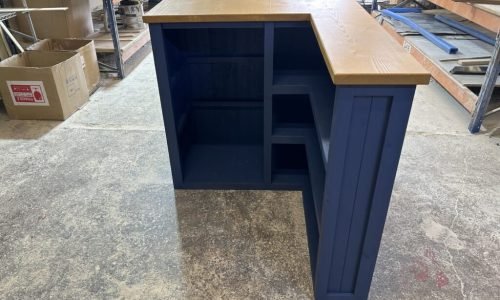 Satin Navy L-shape corner home bar with shelving and spacious fridge compartment