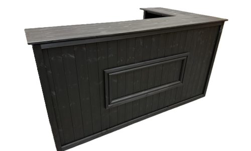Wide black Luxe Long Island home bar with deep back bar shelving