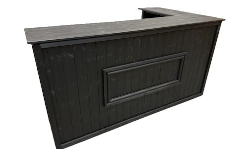 Wide black Luxe Long Island home bar with deep back bar shelving