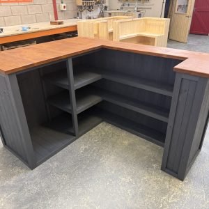 large home bar grey with satin oak top, built in fridge compartment