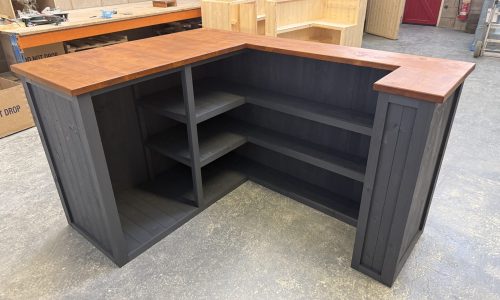 large home bar grey with satin oak top, built in fridge compartment