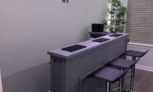 Luxe Grey L-shape Martini home bar in corner with configurable return and fridge compartment