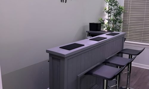 Luxe Grey L-shape Martini home bar in corner with configurable return and fridge compartment
