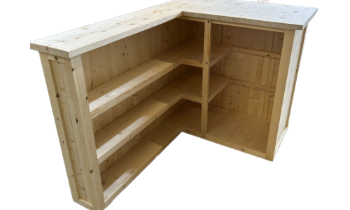 Raw timber home bar in L-shape, handcrafted UK wood corner bar with mini-fridge space
